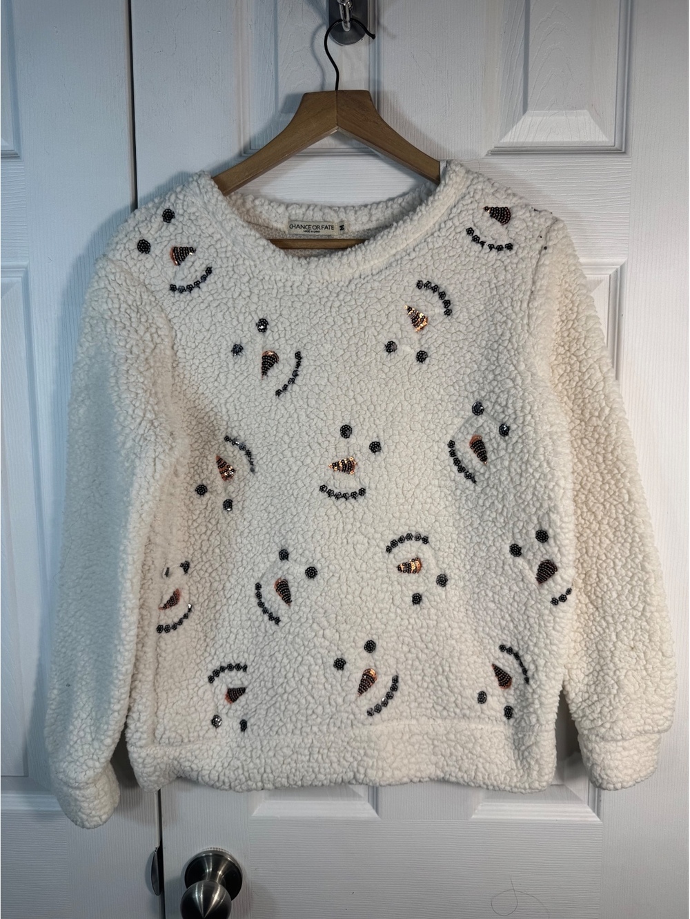 Chance or Fate Women's Medium White Sherpa Pullover Sweater with Sequin Snowman